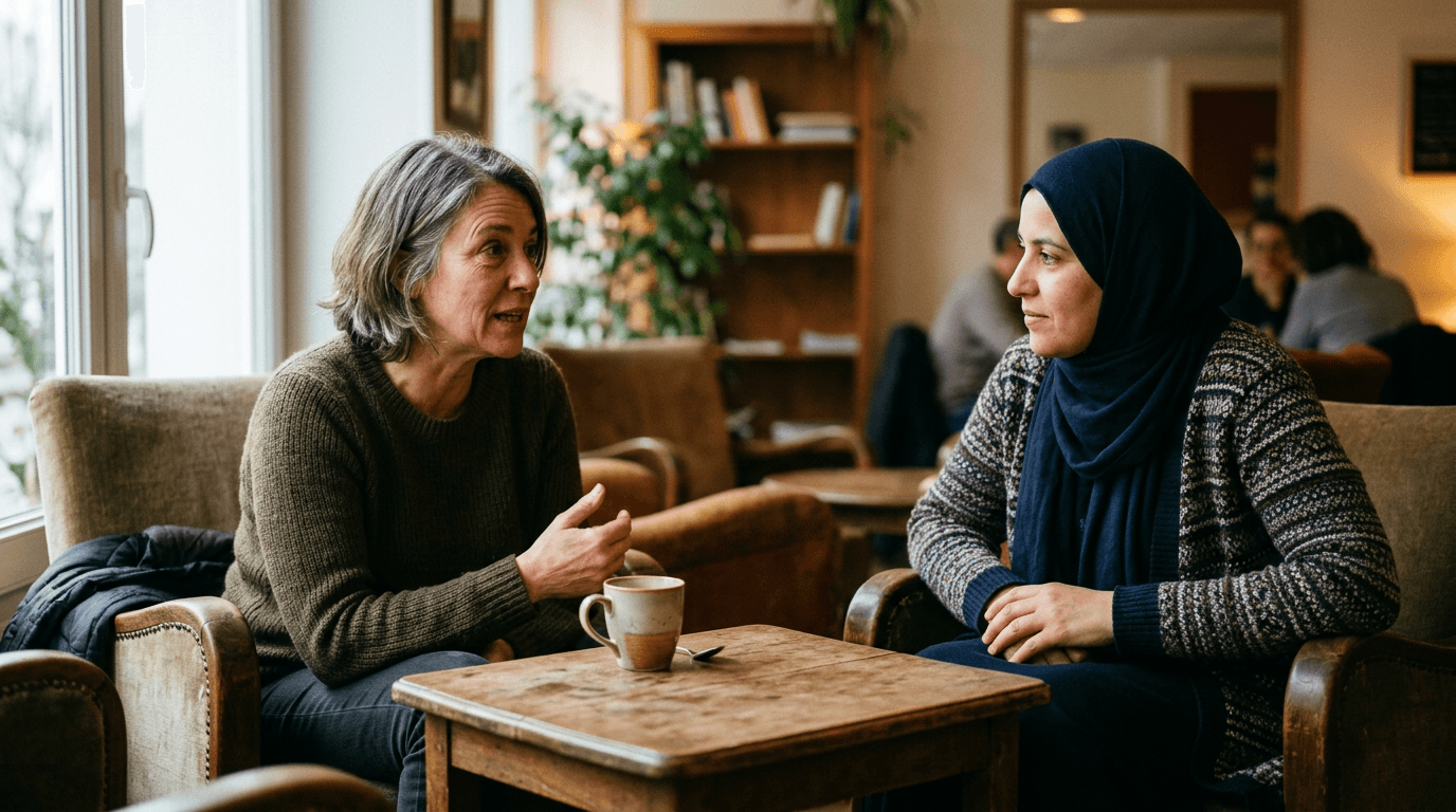 Une personne partage son vécu pendant qu’un accompagnant écoute avec une présence attentive et bienveillante.