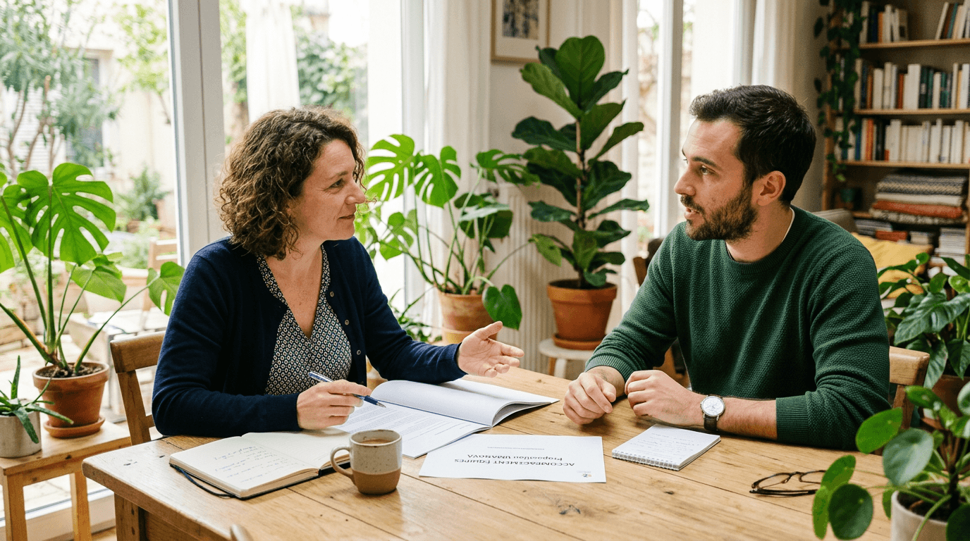 Une responsable d’établissement échange avec un intervenant UMANOVA pour construire un accompagnement adapté aux besoins de ses équipes.