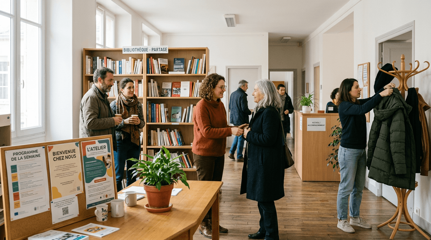 Des personnes sont accueillies dans un espace chaleureux de l’association UMANOVA avant le début d’un accompagnement, dans une ambiance simple et rassurante.