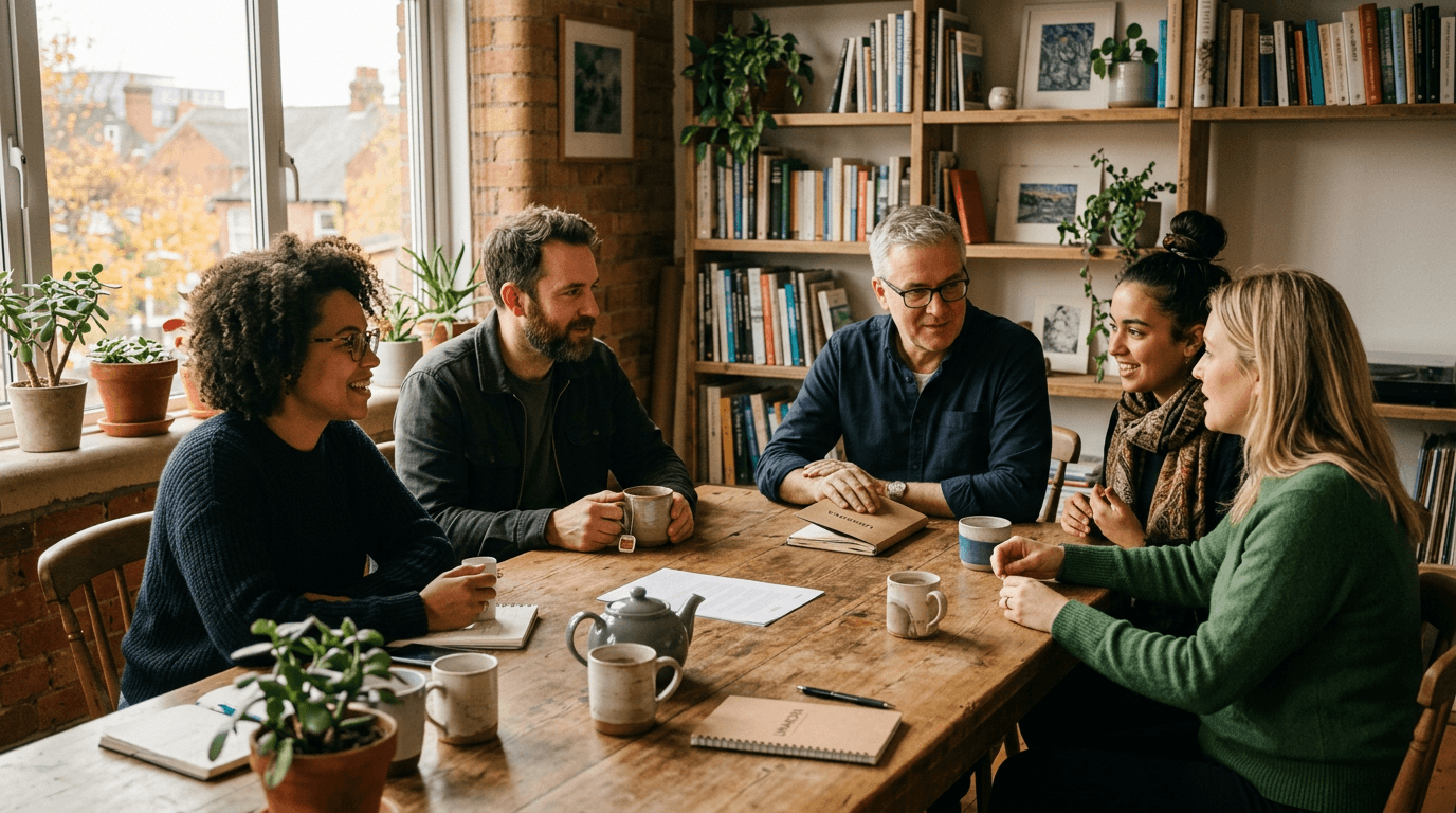 Quelques personnes poursuivent naturellement leurs échanges après un atelier dans une ambiance conviviale et authentique.