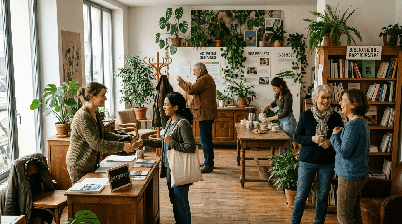 Des personnes sont accueillies dans les locaux d’UMANOVA avant le début d’un accompagnement, dans une ambiance chaleureuse, simple et conviviale.
