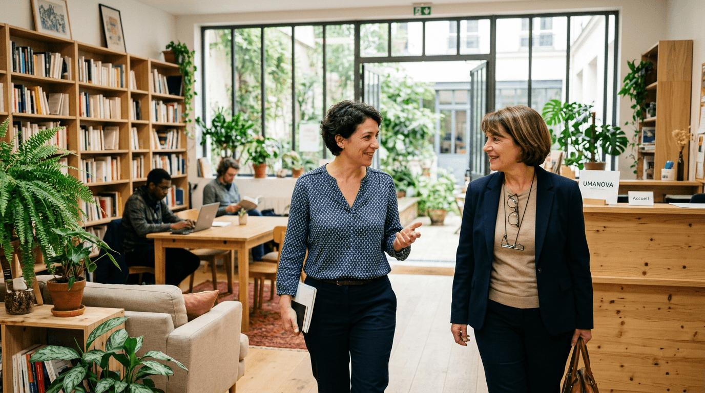 Une responsable d’institution est accueillie dans les locaux d’UMANOVA pour échanger autour d’un futur projet d’accompagnement.