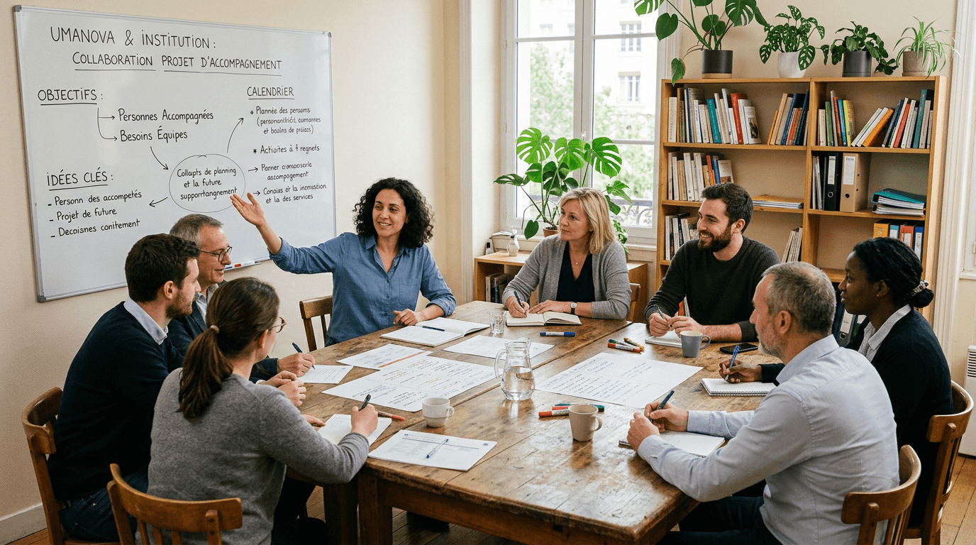 Une équipe d’UMANOVA et des professionnel·le·s d’une institution travaillent ensemble à la conception d’un accompagnement adapté à leurs besoins.
