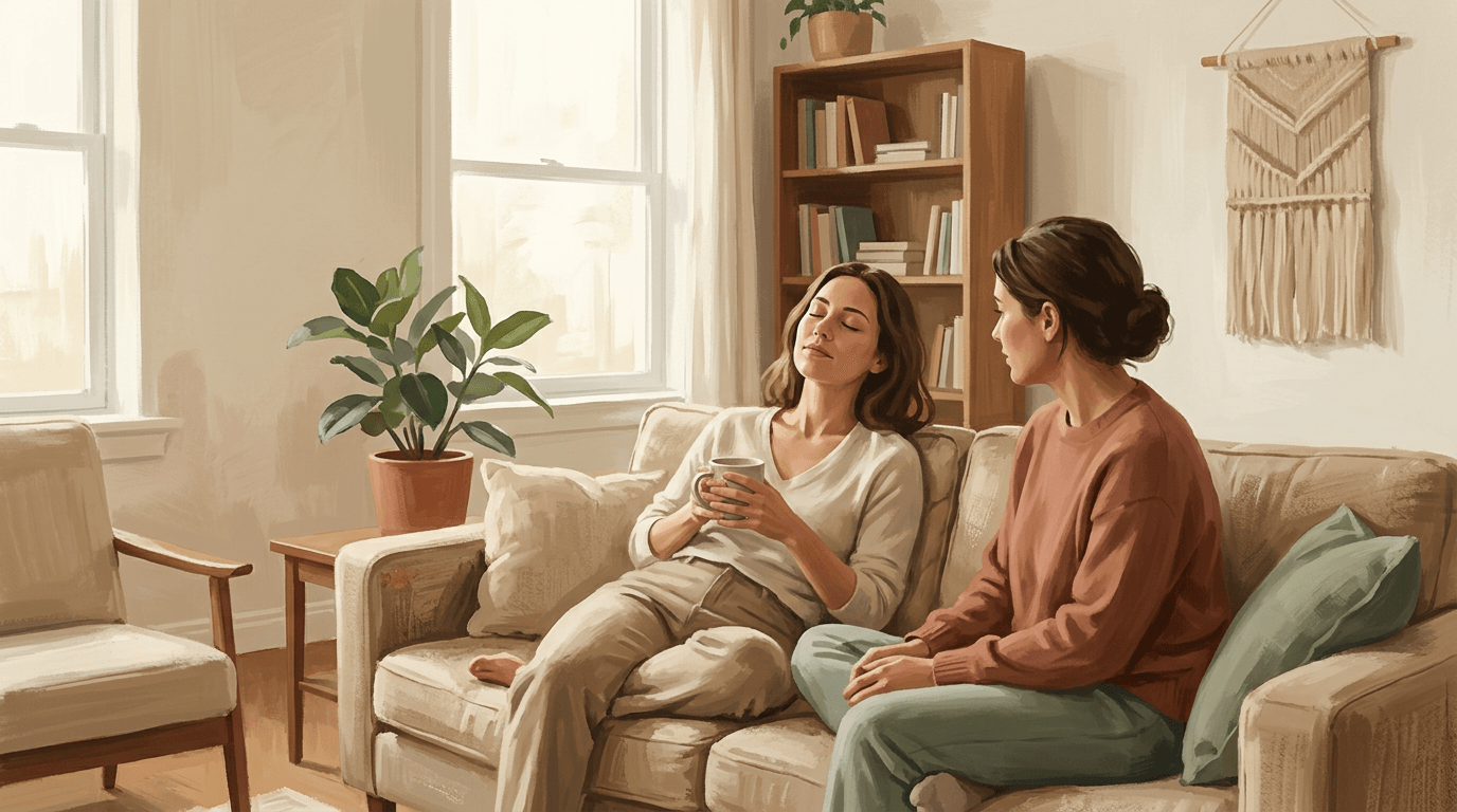 Une personne partage enfin ce qu'elle ressent avec un proche attentif dans un salon chaleureux, retrouvant progressivement une sensation de sécurité intérieure.