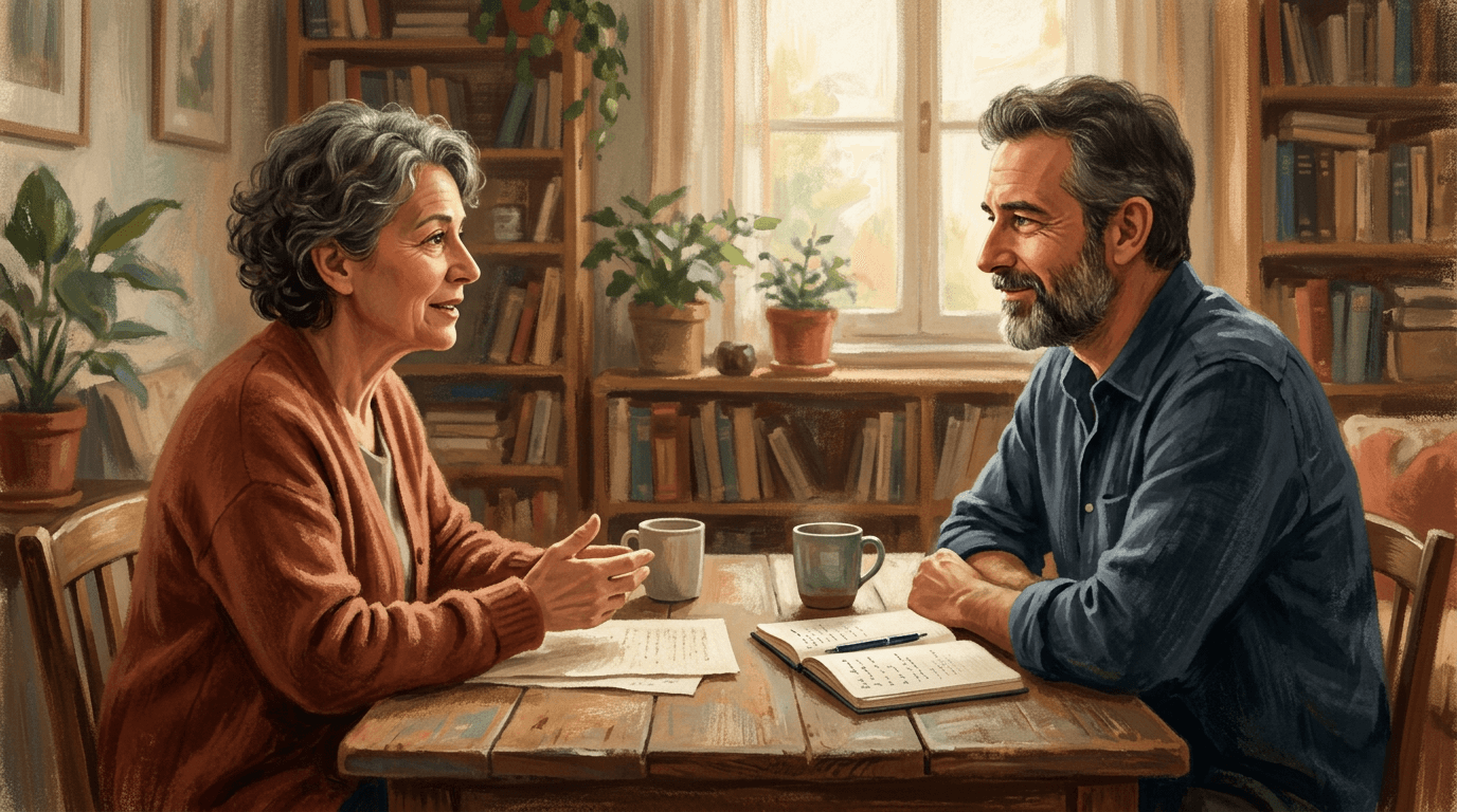 Une personne partage calmement son expérience avec une autre autour d'une table, dans une atmosphère de confiance et de compréhension.