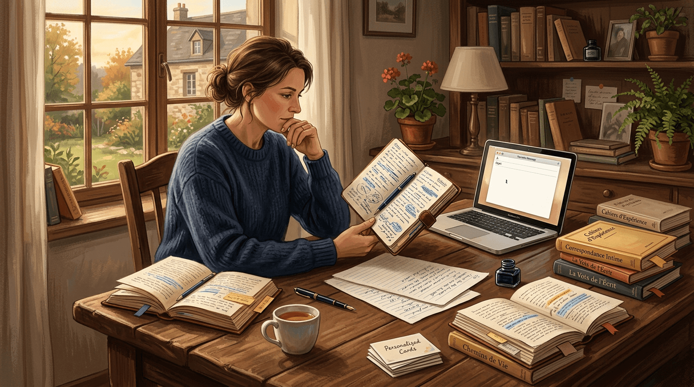 Sur un bureau chaleureux, un ordinateur affiche une fenêtre d’e-mail tandis qu’un carnet ouvert, des livres annotés et des notes manuscrites témoignent d’années de réflexion.