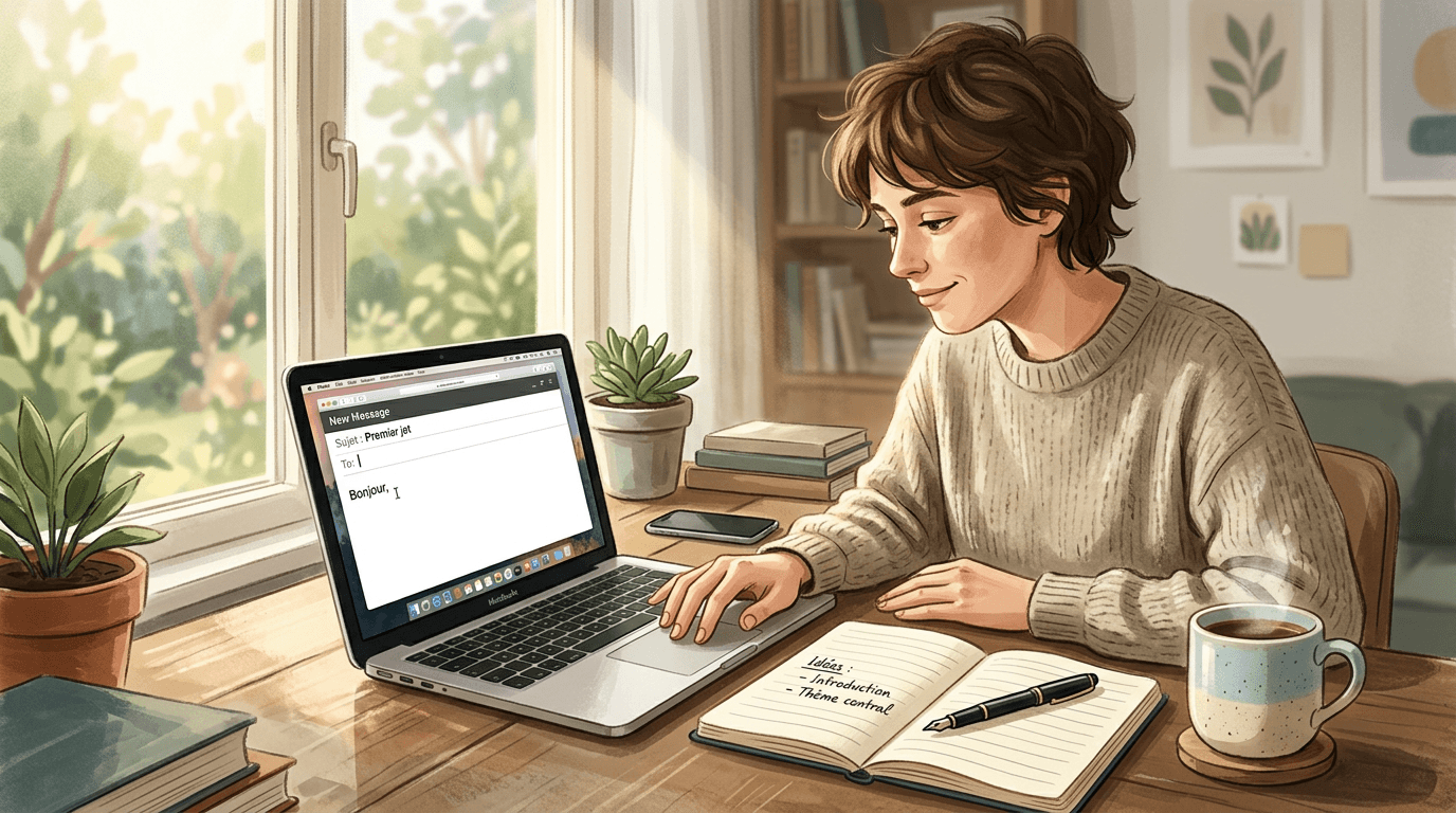 Un bureau calme où un carnet, plusieurs livres ouverts et un ordinateur témoignent d’un accompagnement qui laisse le temps de lire, réfléchir et répondre avec attention.