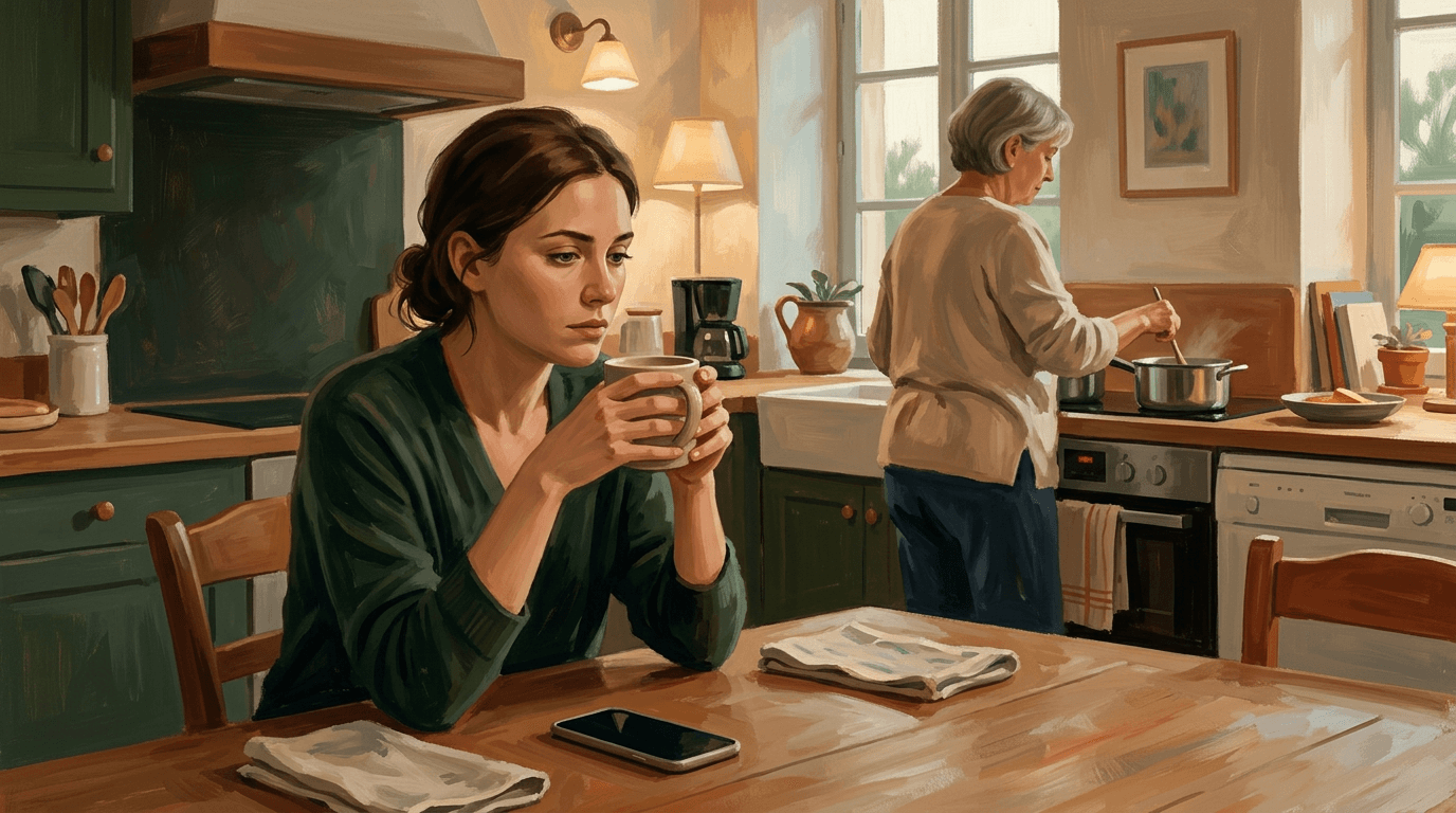 En fin de journée, une personne reste absorbée par une situation préoccupante tandis que la vie continue autour d’elle, entre téléphone, repas et présence d’un proche.