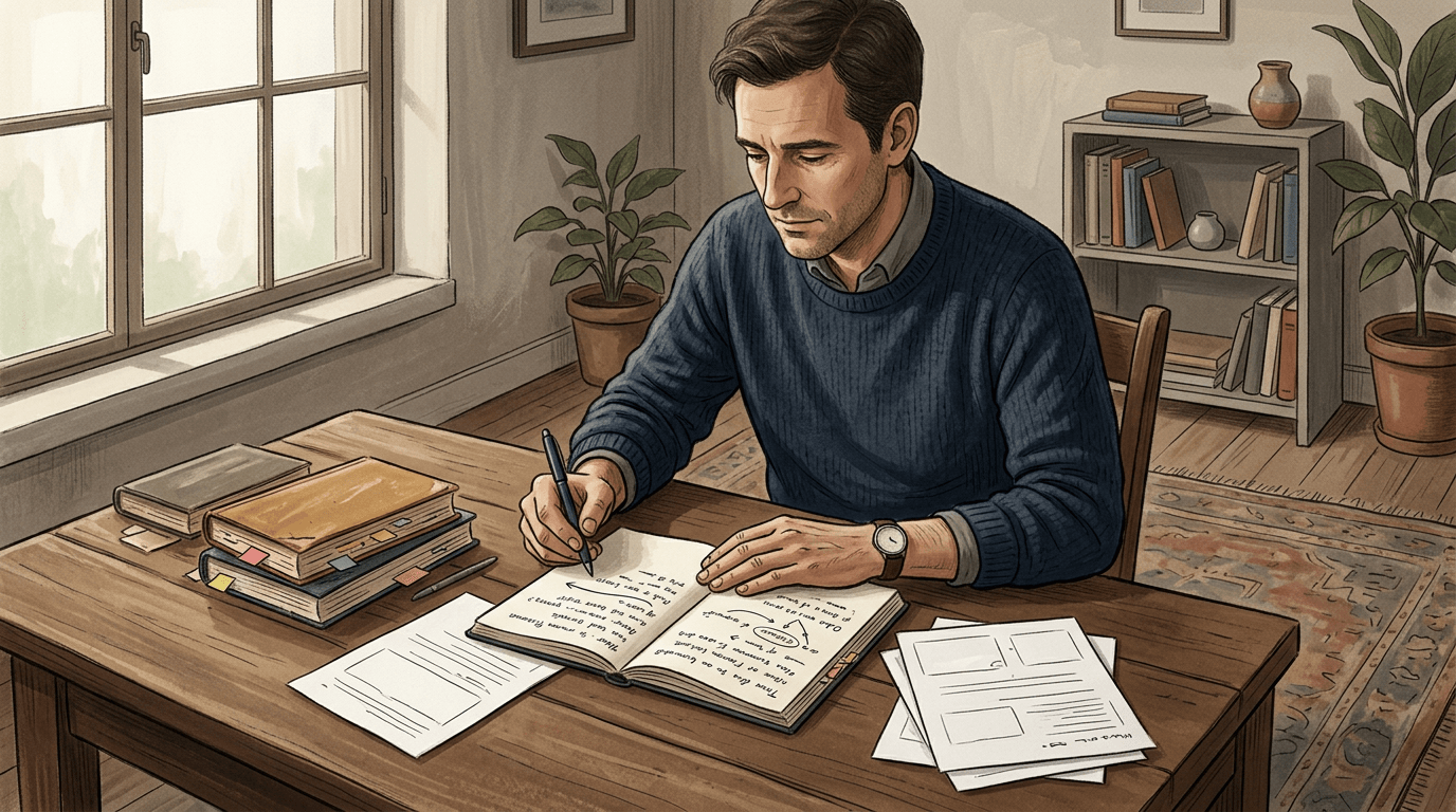 À son bureau, un accompagnant relit ses notes et organise quelques questions dans un carnet, donnant progressivement forme à l’accompagnement Clarté intérieure.