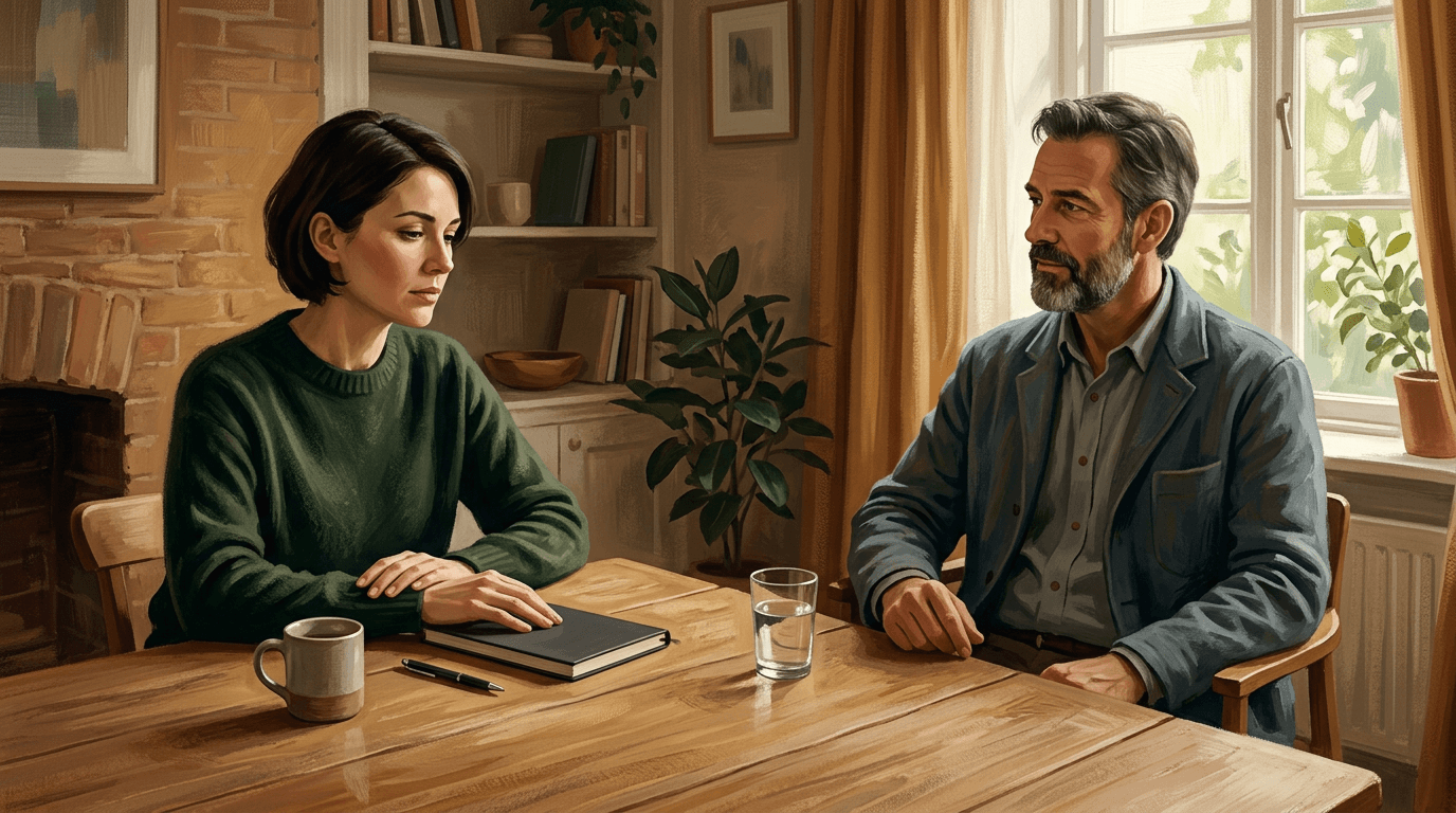 Une personne échange calmement avec un accompagnant autour d’une table, dans un espace chaleureux propice au recul, à la réflexion et à une compréhension plus claire.