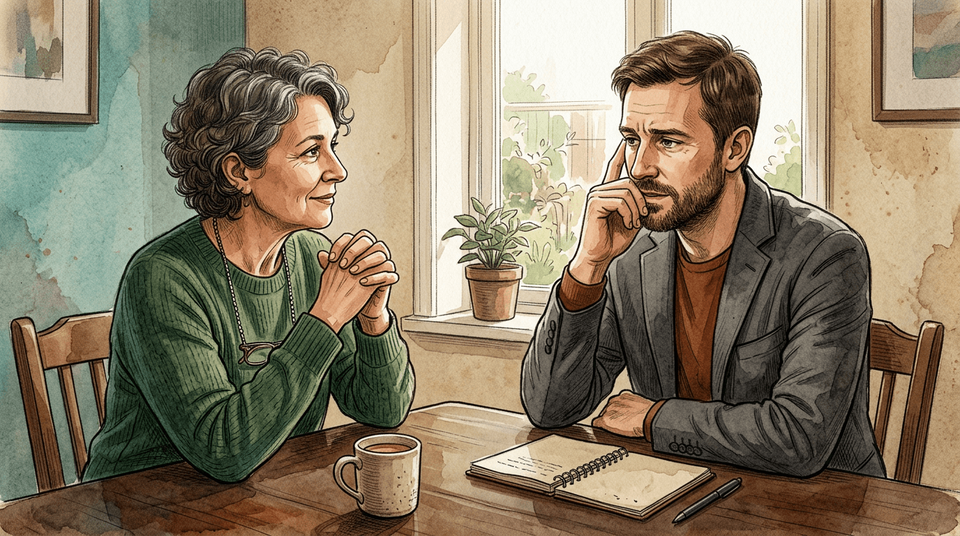 Au cours d’un échange, une personne s’arrête pour réfléchir après une question de son accompagnant, laissant progressivement apparaître une nouvelle manière de voir sa situation.