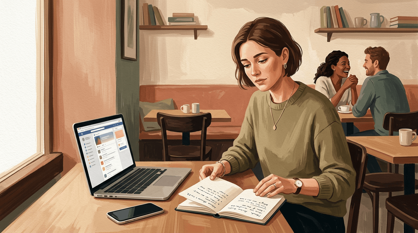 Un·e entrepreneur·e pose son téléphone après avoir consulté les réseaux sociaux et revient à son carnet pour réfléchir à sa propre définition de la réussite.