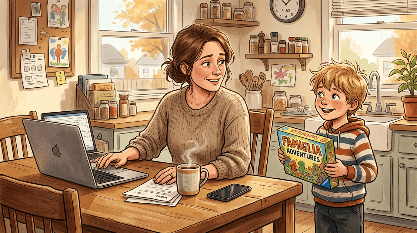 Une femme ferme son ordinateur après avoir terminé son travail plus rapidement et choisit de partager le temps libéré avec son enfant autour d’un jeu.