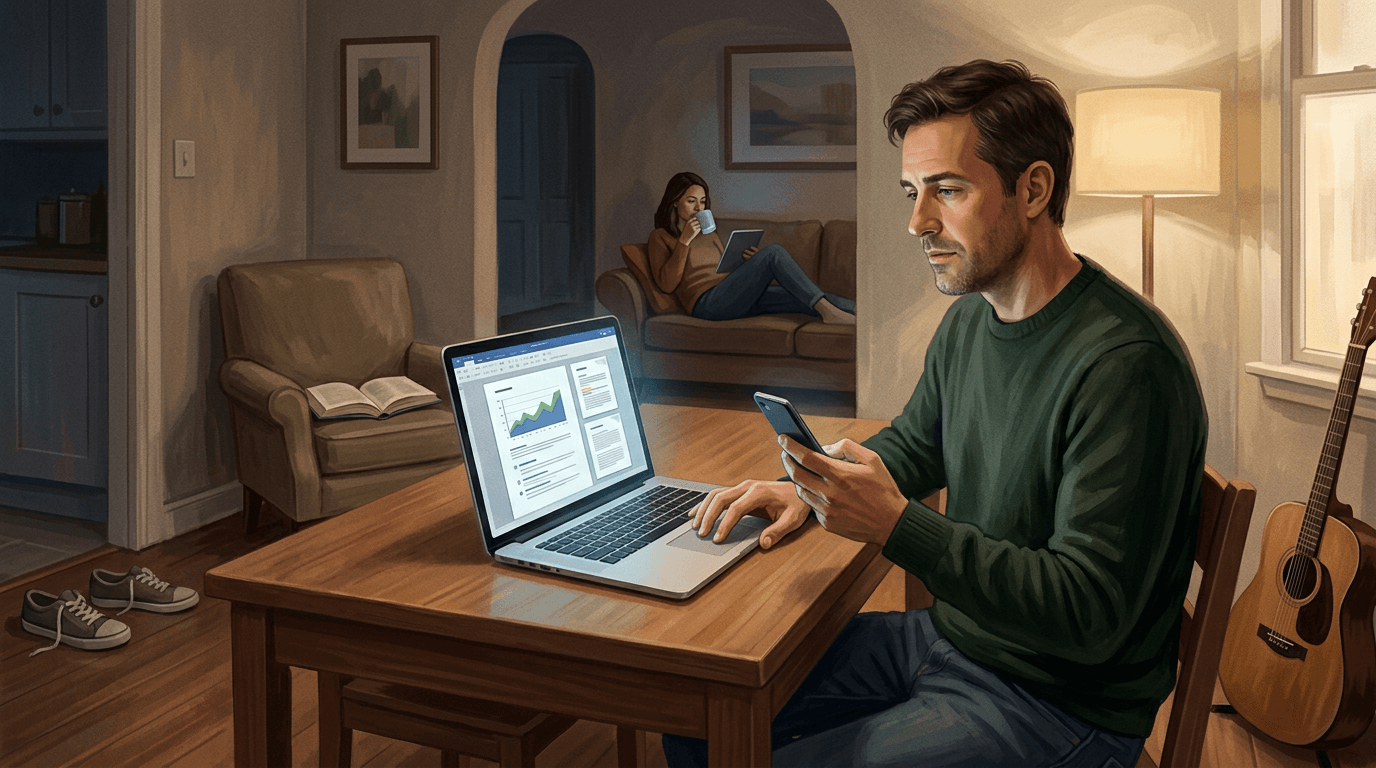 Un homme ayant terminé son travail grâce à l’intelligence artificielle cherche machinalement une nouvelle tâche au lieu de profiter du temps libéré.