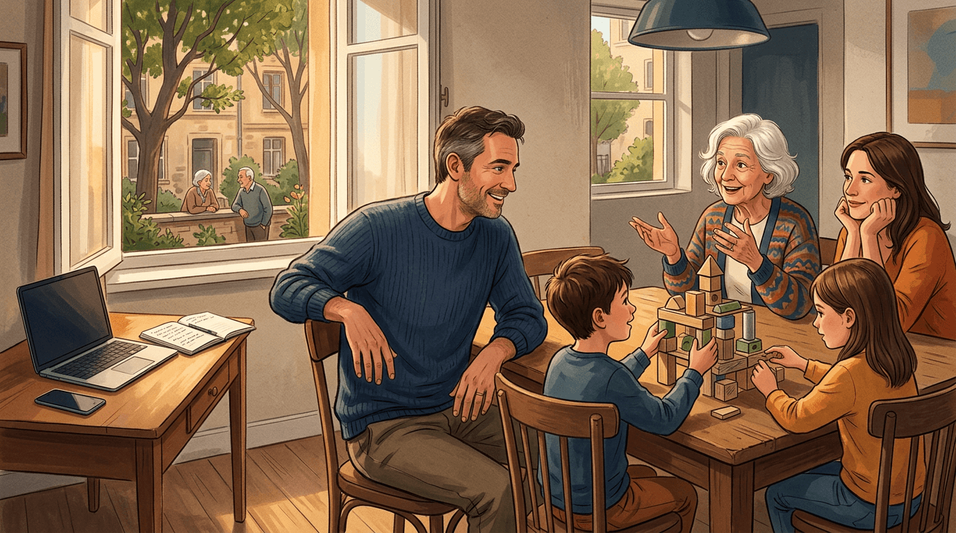 Un homme rejoint sa famille après avoir terminé son travail et partage un moment de présence entre plusieurs générations autour d’une table.