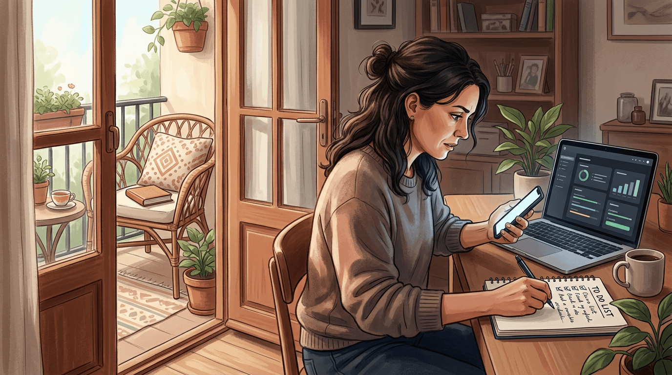Une femme utilise l’intelligence artificielle pour terminer son travail plus rapidement mais ajoute immédiatement de nouvelles tâches au lieu de profiter du temps libéré.