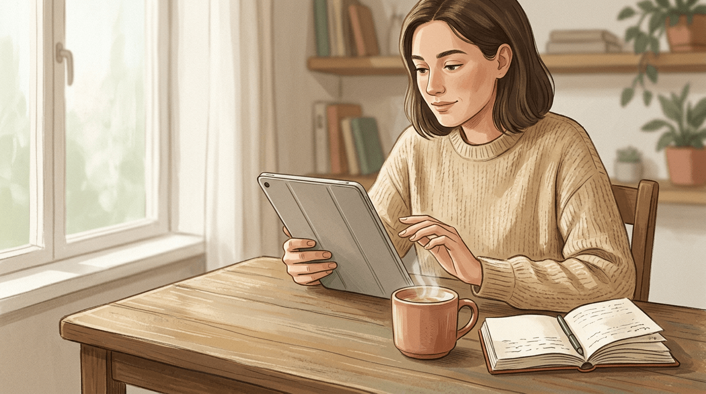 Une personne lit tranquillement une newsletter à sa table, tasse chaude à proximité, dans un moment simple de réflexion et de reconnexion à soi.