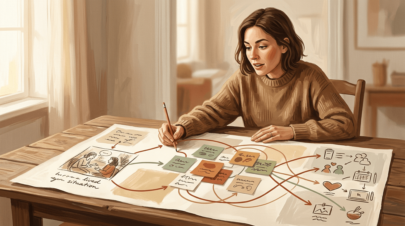 Une femme relie une situation vécue à ses ressentis et à leurs conséquences grâce à une carte visuelle qui l’aide à comprendre ses réactions récurrentes.