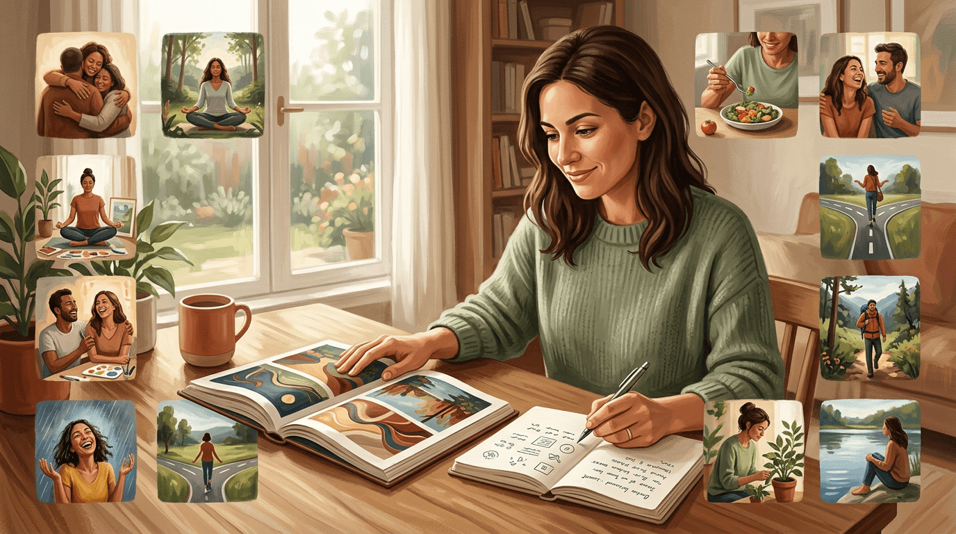 Une femme explore différentes dimensions de sa relation à elle-même dans un guide personnel, découvrant progressivement une vision plus complète de son équilibre intérieur.