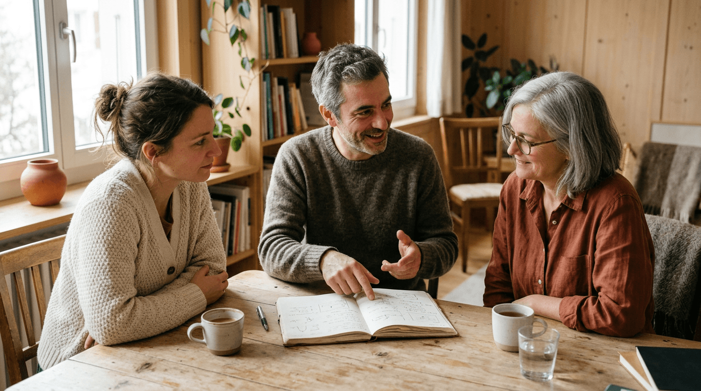 Trois collègues échangent naturellement autour d’une table de travail, dans une atmosphère chaleureuse où écoute, confiance et liberté sont perceptibles.