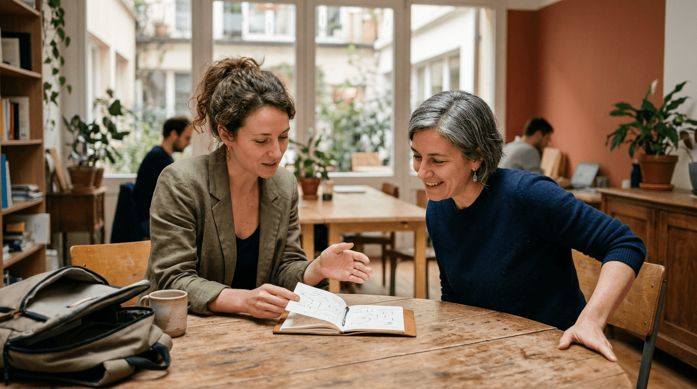 Une personne partage spontanément une idée avec une membre d’UMANOVA autour d’une table, dans un échange simple où une collaboration commence à prendre forme.