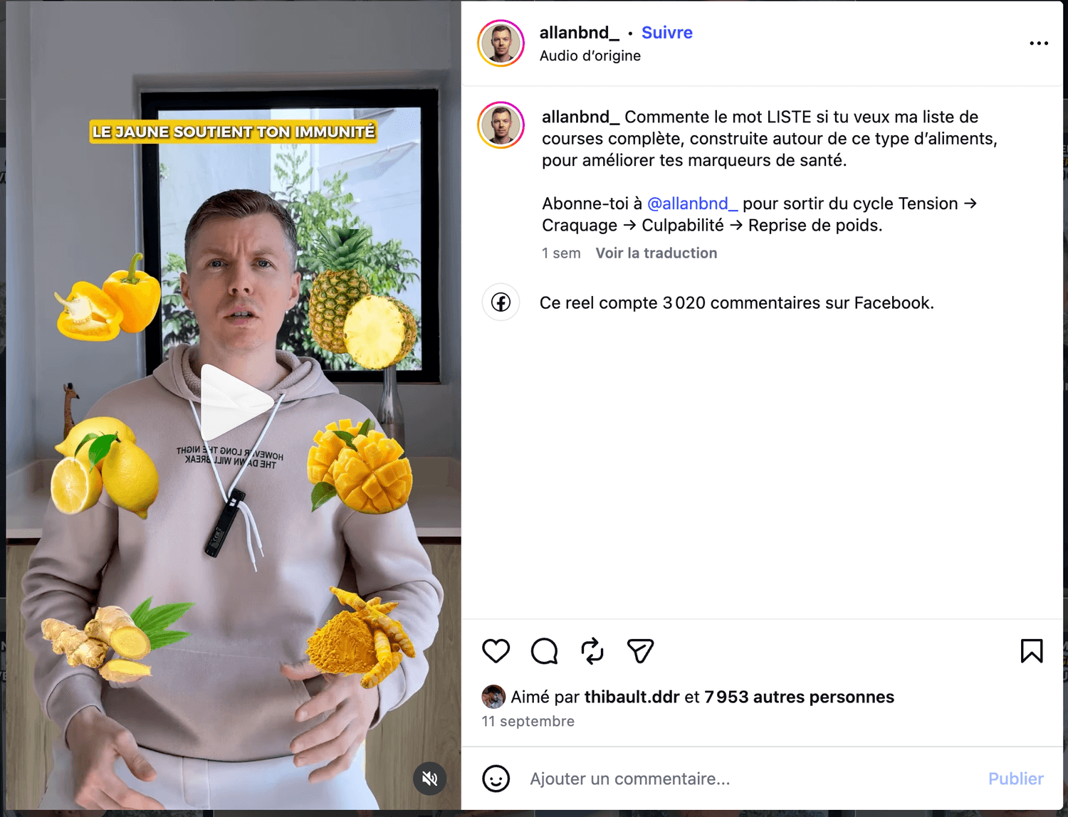 Publication avec 7 953 j'aime et 3 020 commentaires