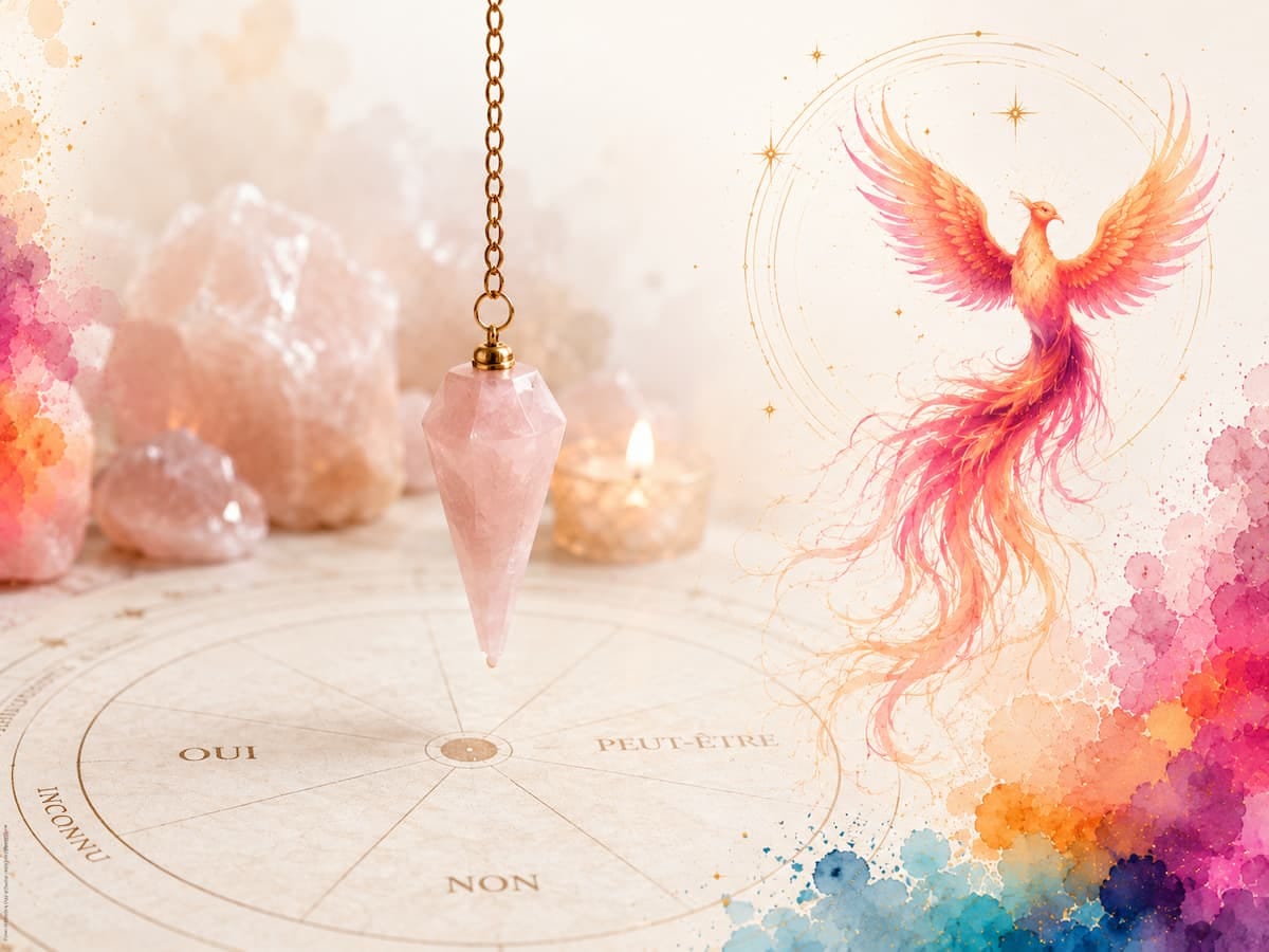 Formation au pendule et à la radiesthésie en ligne avec pendule en quartz rose, planche de radiesthésie et symbole du phénix.