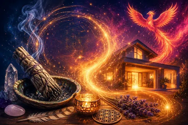 Illustration de nettoyage énergétique avec sauge de fumigation, maison lumineuse, cristaux et phénix symbolisant la purification et l'harmonisation énergétique.