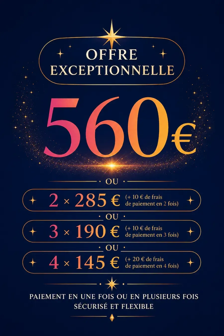 Offre de formation en nettoyage énergétique avec paiement en une fois à 560 €, ou en 2, 3 ou 4 fois avec frais de fractionnement.
