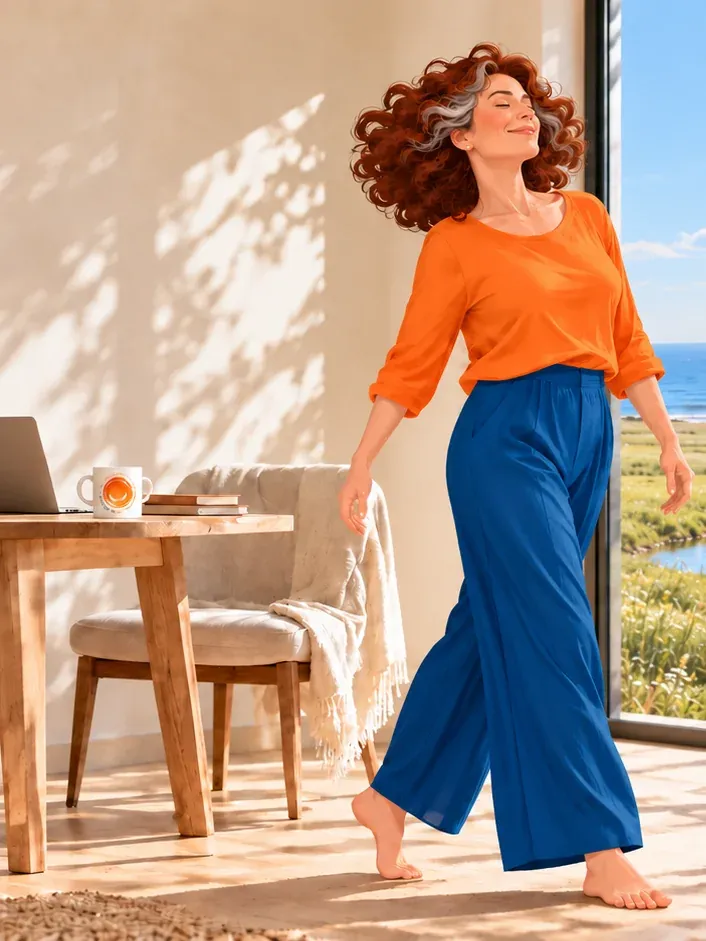 Femme de plus de 50 ans remettant naturellement son corps en mouvement près de son bureau ouvert sur la nature.