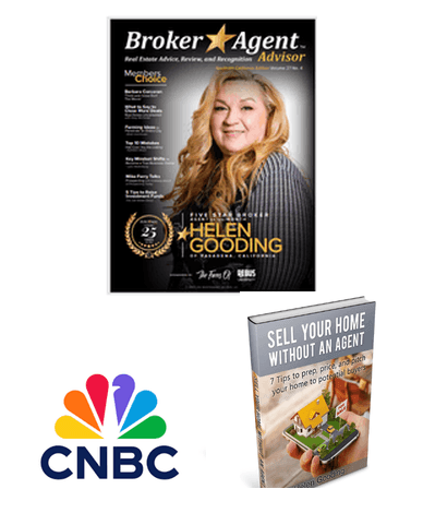 Helen Gooding’s real estate recognitions, Broker Agent Advisor magazine cover feature, CNBC recognition, and seller guide.