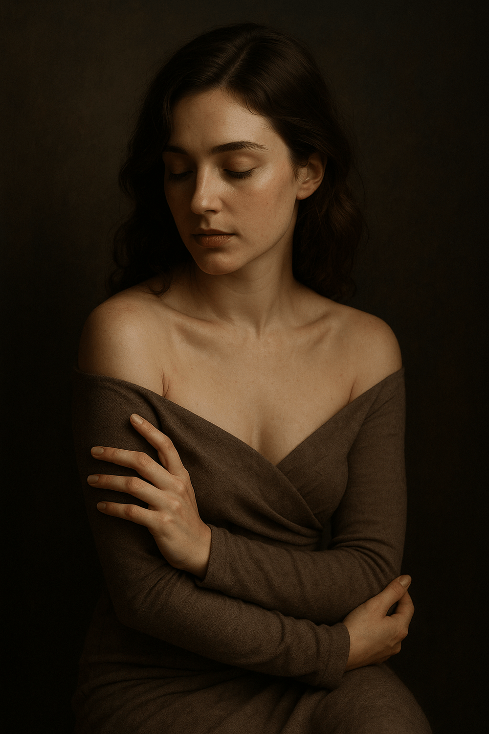 Umetnički ženski portret sa emotivnom atmosferom, meko svetlo i duboka senka stvaraju priču kroz pogled.