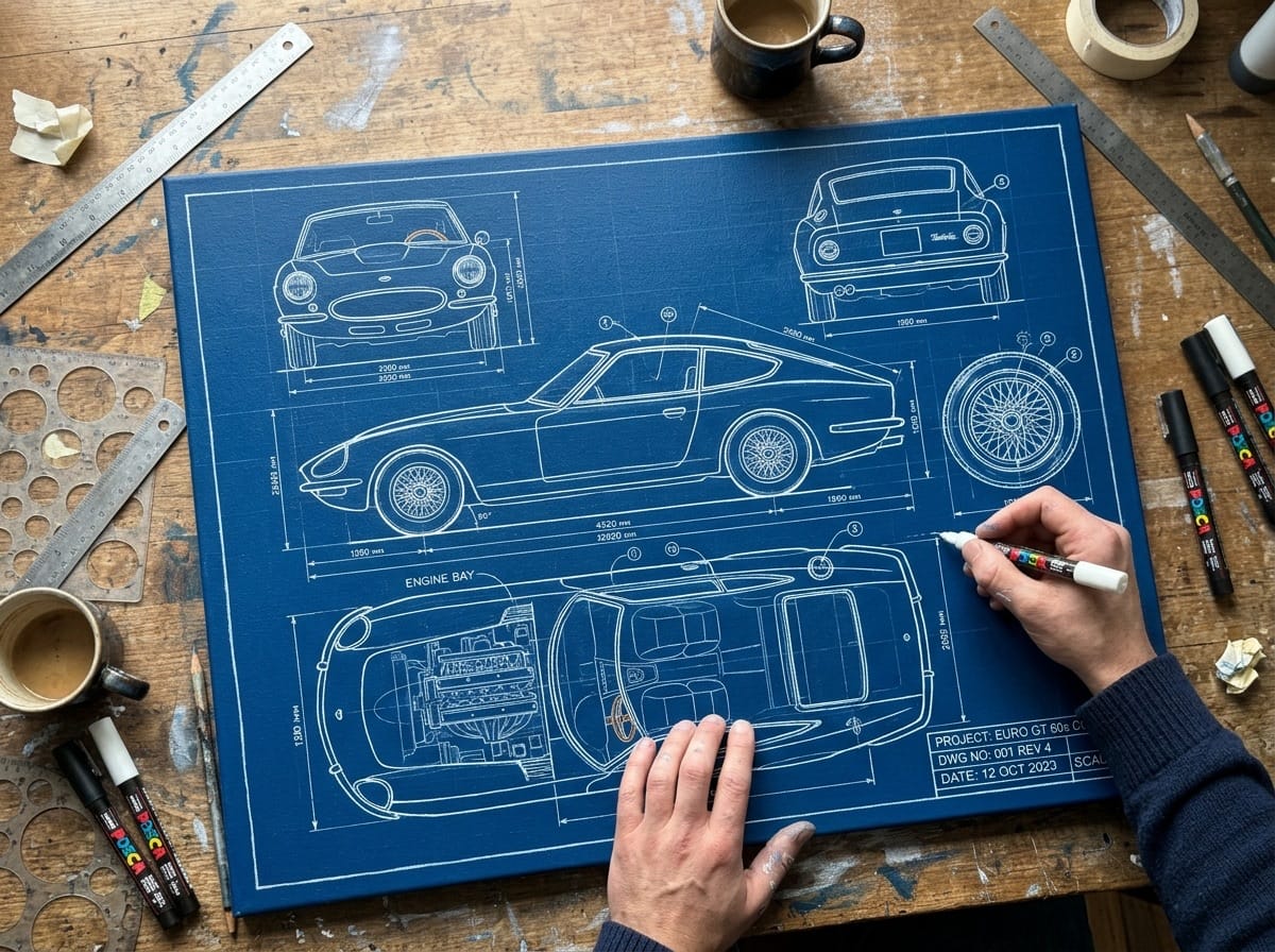 Finished car blueprint painting hanging above a sofa