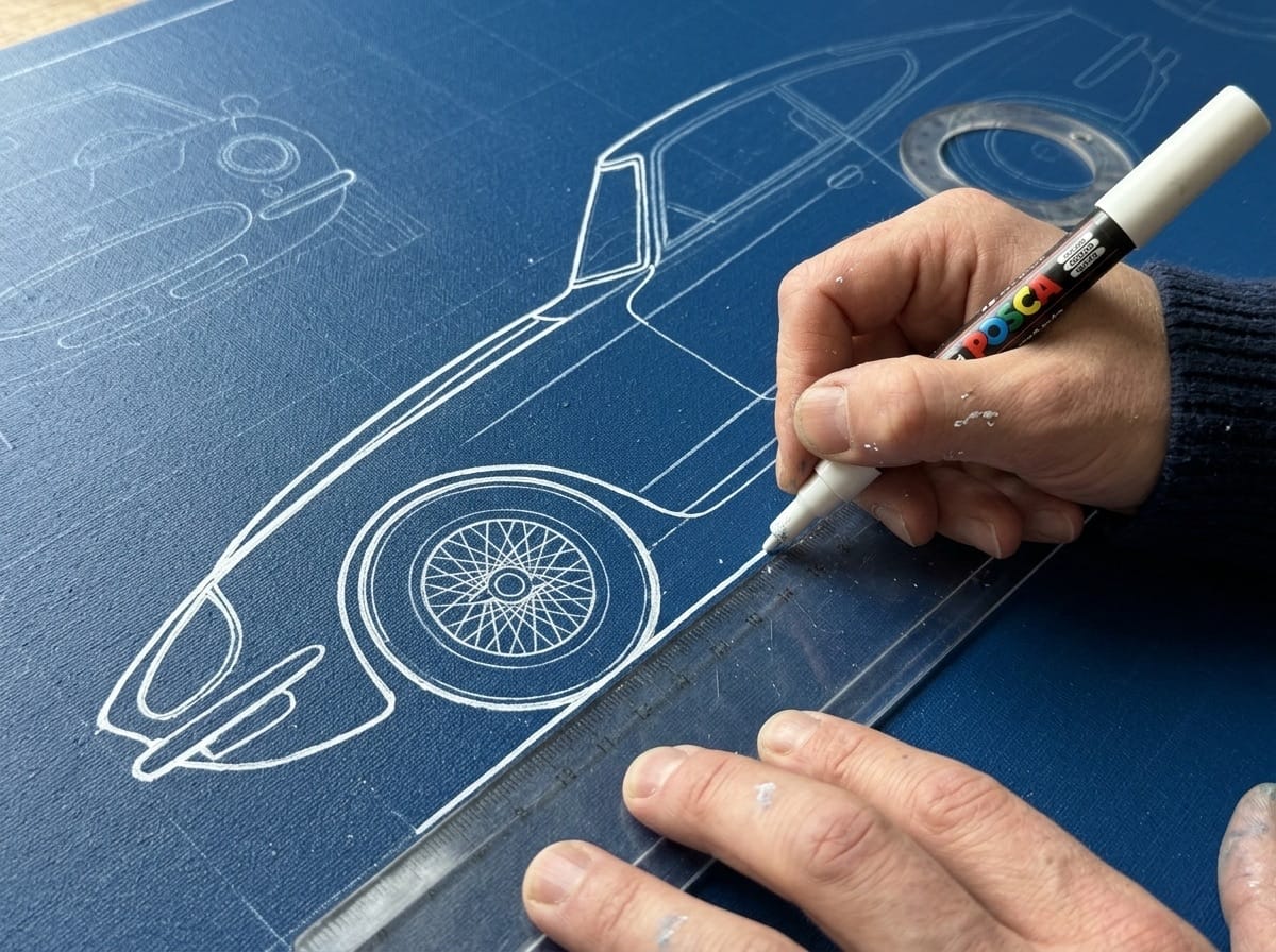 Tracing the car with a white paint pen