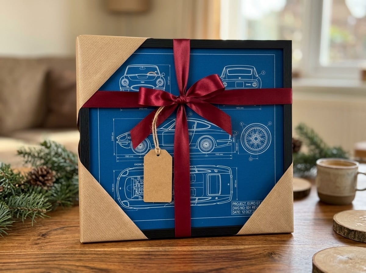 Framed blueprint wrapped as a gift