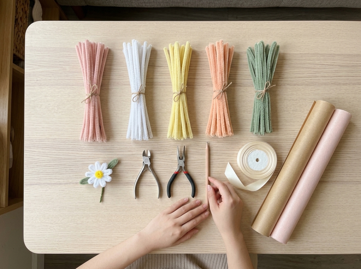 Pipe cleaners, wire cutter, pliers and florist paper