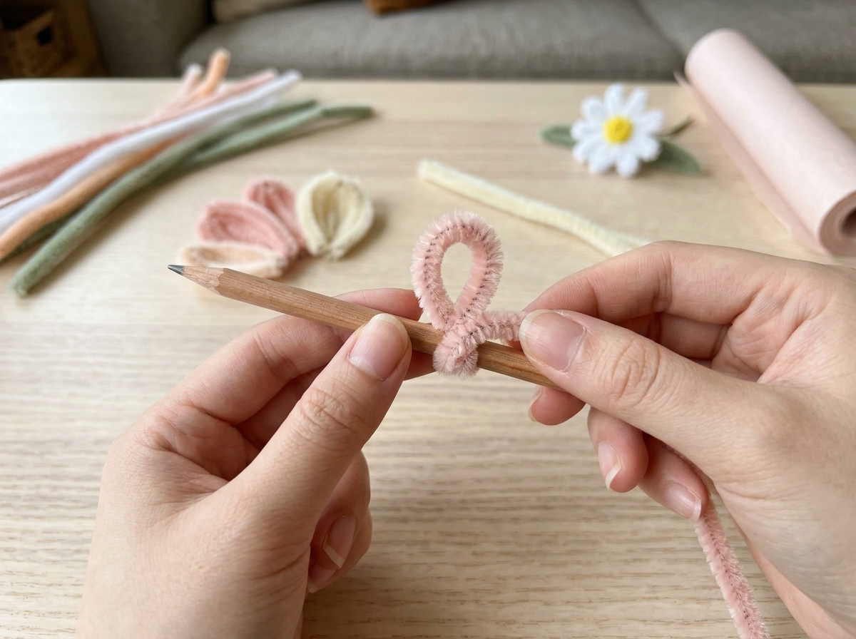 Close-up of hands twisting a pipe cleaner petal