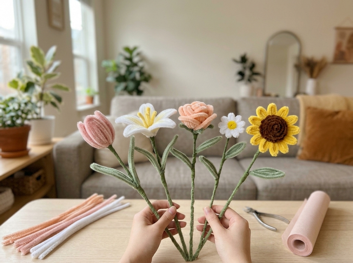 Tulips, lilies, daisies, roses and sunflowers made of pipe cleaners