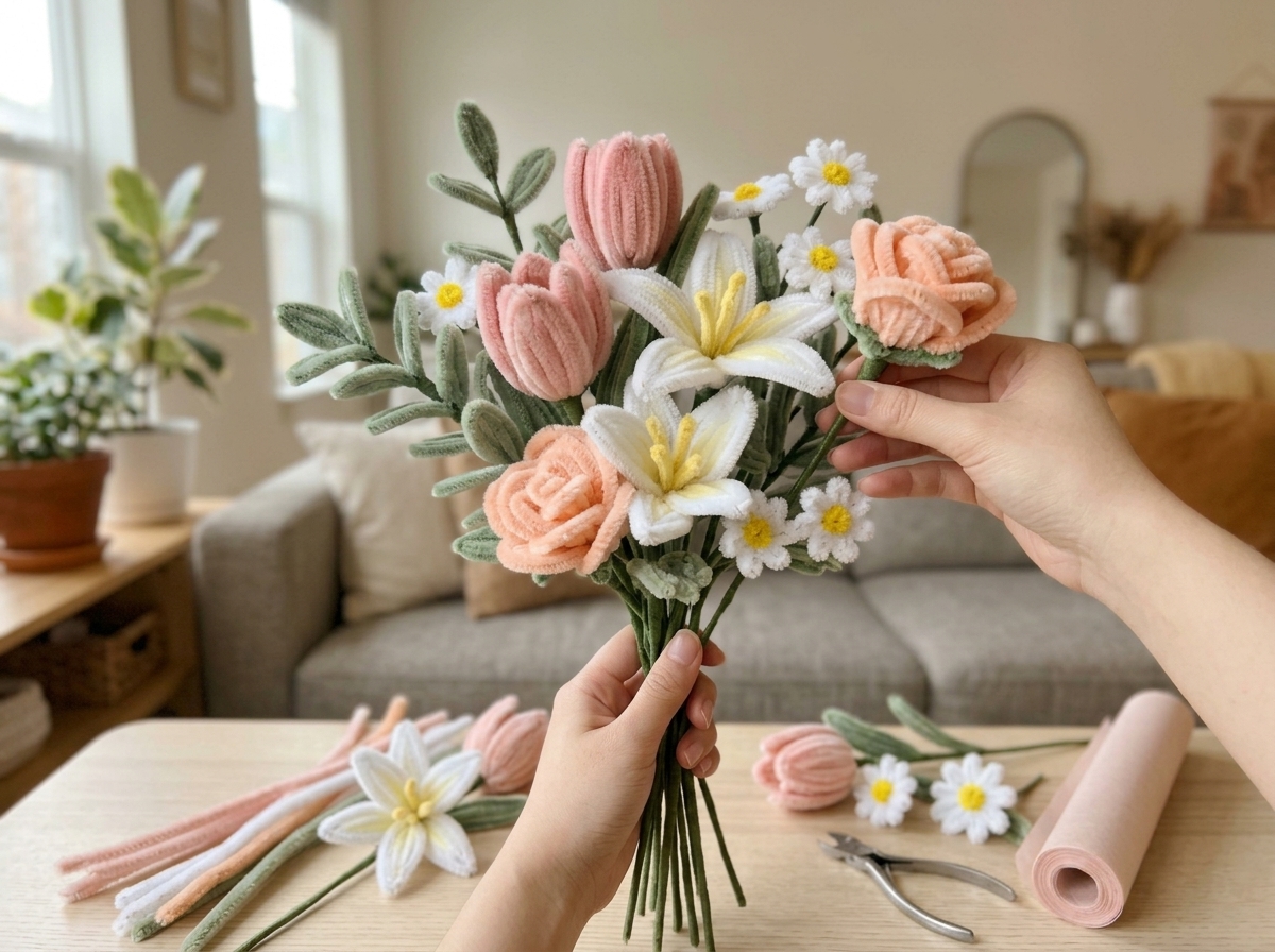 Hands arranging pipe cleaner flowers into a bouquet
