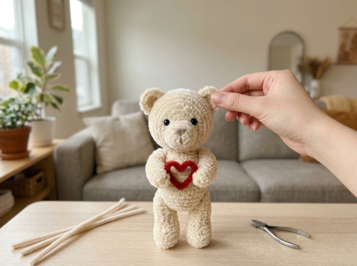 A small pipe cleaner teddy bear holding a red heart