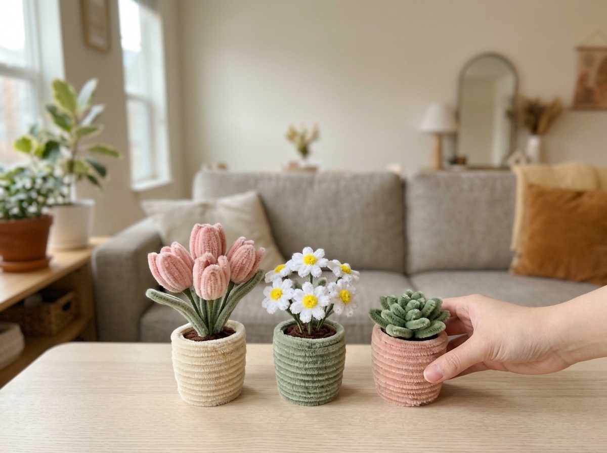 Three mini pots of pipe cleaner flowers