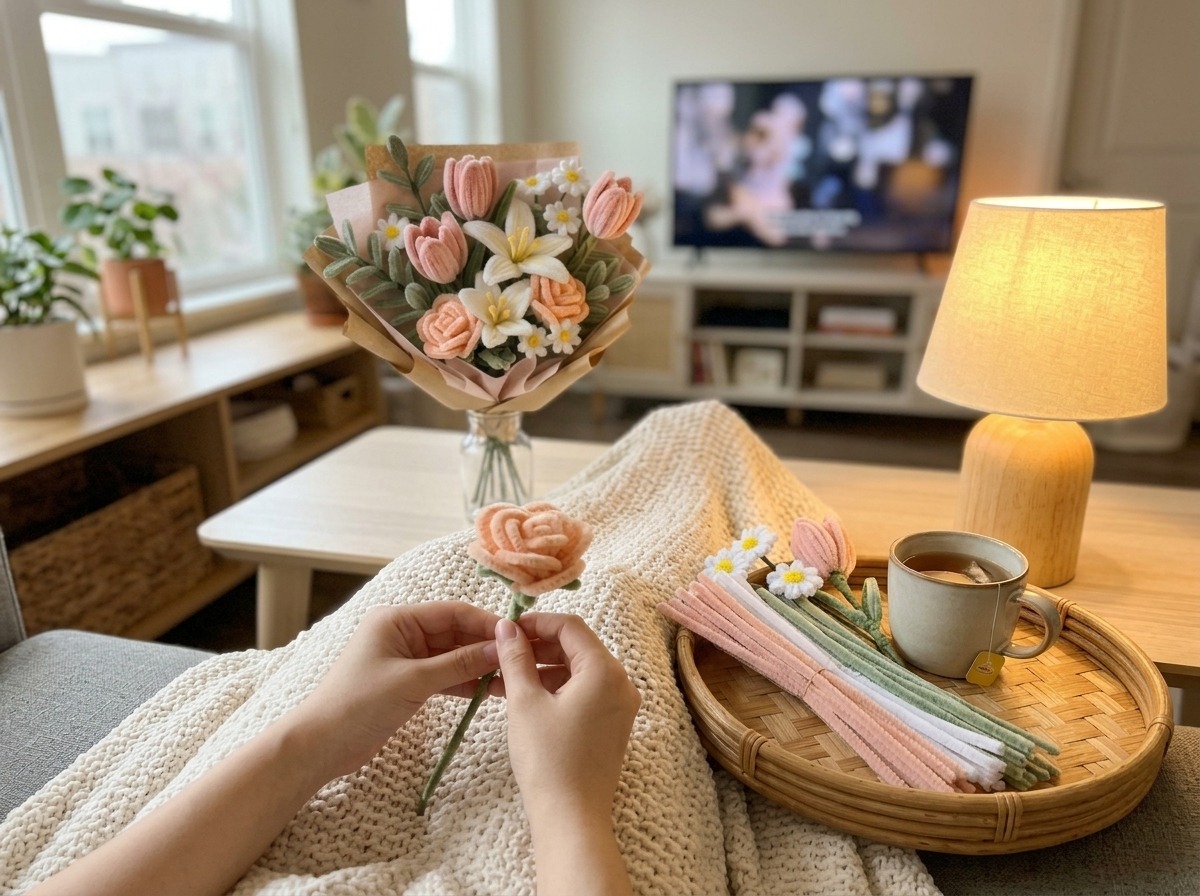Hands shaping a pipe cleaner rose under a cozy blanket, a finished bouquet on the table