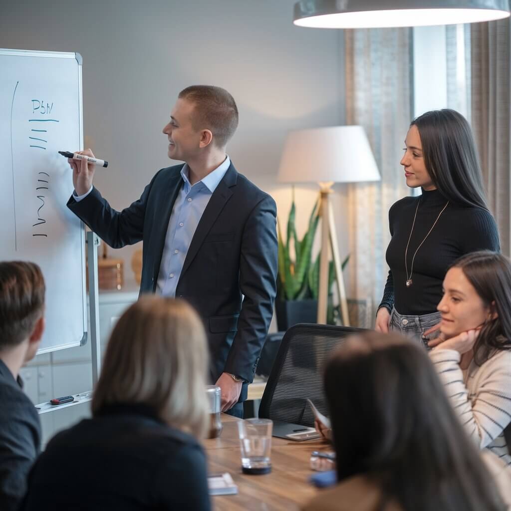 Leadership efficace: leader che guida un team diversificato in una riunione aziendale