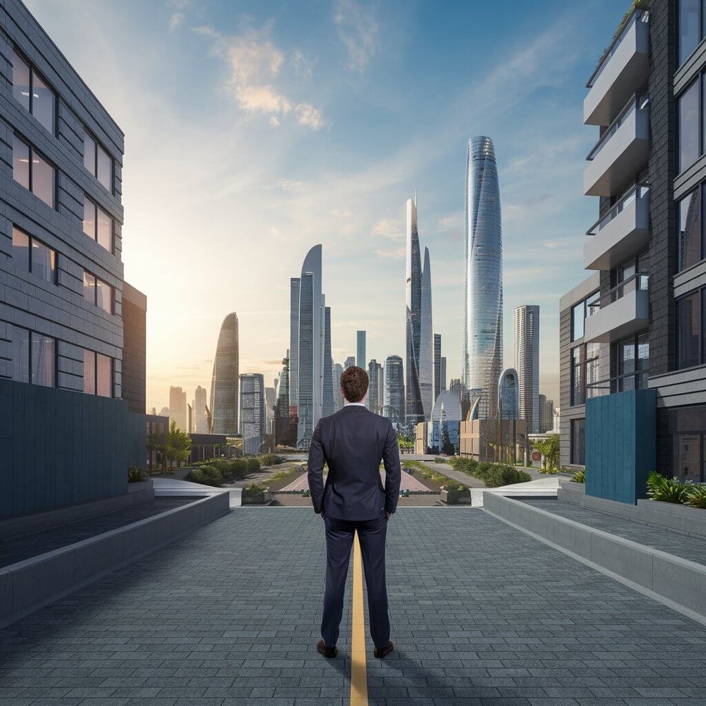 Imprenditore che osserva verso il futuro, simbolo di visione e successo imprenditoriale