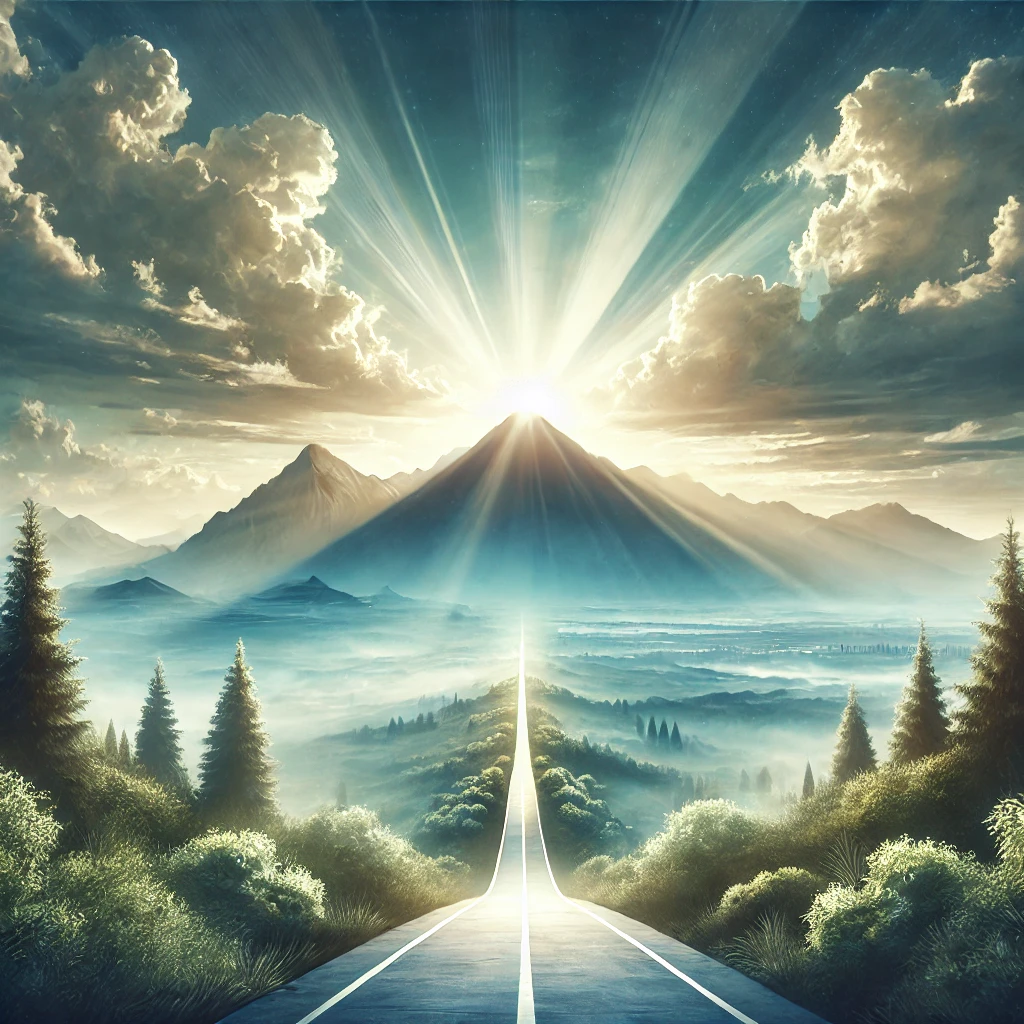 Visione imprenditoriale a lungo termine con percorso verso una montagna illuminata dal sole