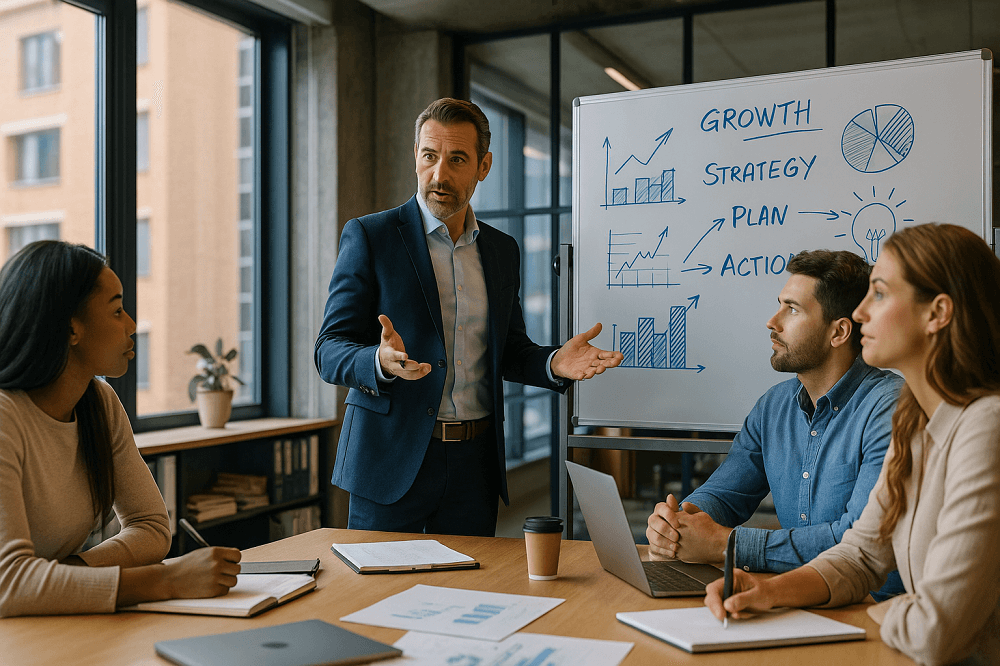 imprenditore durante una riunione di strategia e allenamento mentale quotidiano