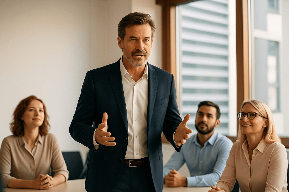 imprenditore che guida il team con leadership e resilienza