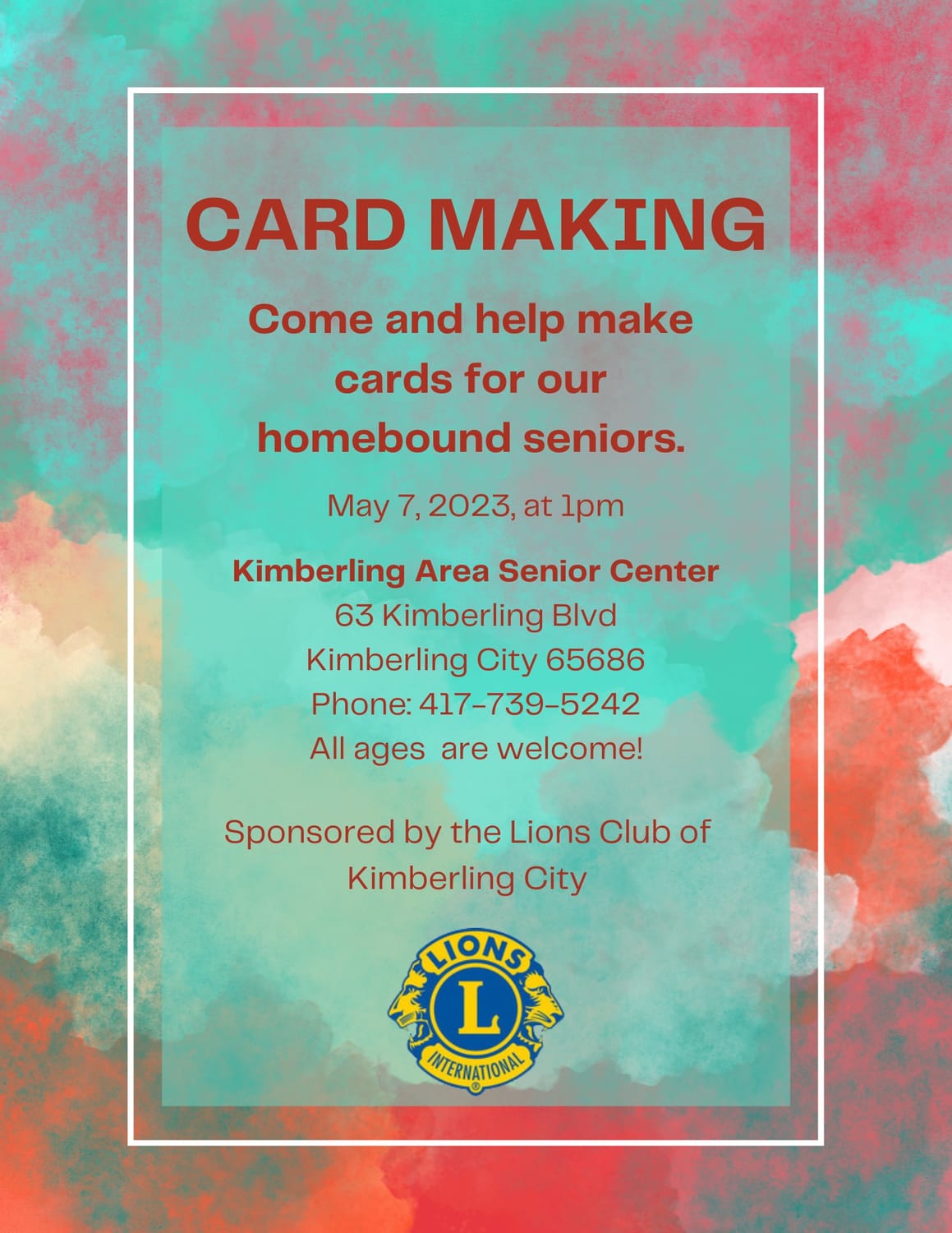 Flyer for a card making class with red and green watercolor ink all over it, making it unreadable