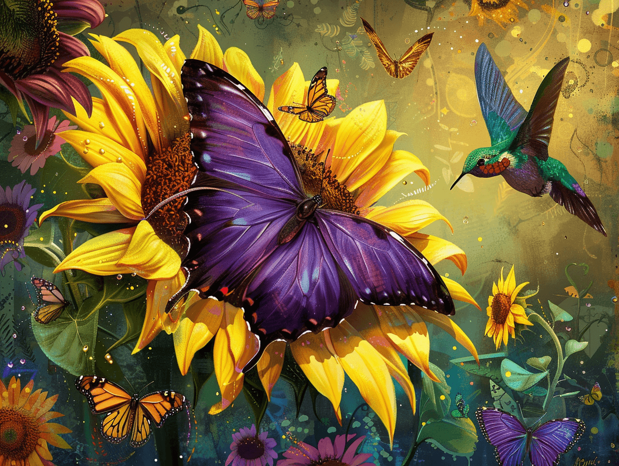 butterfly on a flower with a hummingbird approaching