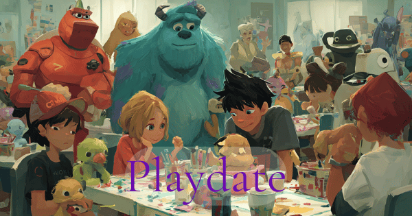 Aliens and children play around a table